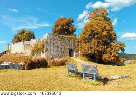 Hohenurach Castle On Mountain Top In Autumn, Bad Urach, Germany. Landscape With Old German Castle Ru