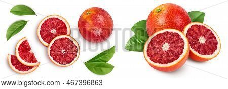 Blood Red Oranges Isolated On White Background . Top View. Flat Lay