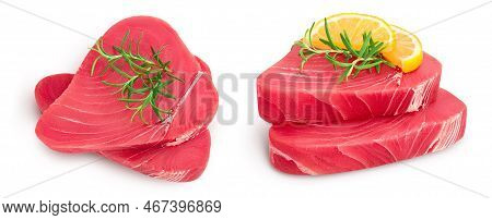Fresh Tuna Fish Fillet Steak With Rosemary, Lemon And Peppercorns Isolated On White Background . Top