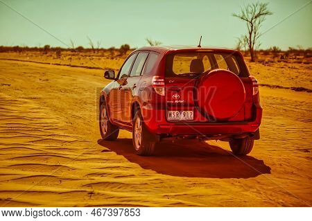 Broken Hill, Australia- October 16 2009 : A Four Wheel Rental Car On A Durt Road In The Outback