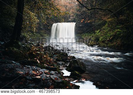 Sgwd Yr Eira Waterfall Or Fall Of Snow Along The Four Waterfalls Walk, Waterfall Country, Brecon Bea