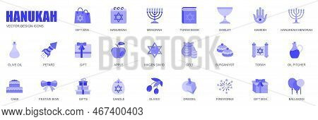 Hanukkah Concept Of Web Icons Set In Simple Flat Design. Pack Of Bag Gift, Firework, Menorah, Torah 