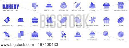 Bakery Concept Of Web Icons Set In Simple Flat Design. Pack Of Waffle, Birthday Cake, Rolling Pin, W