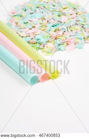 Drinking Straws And Microplastics On A White Background. Impact Of Micro Plastic On The Food Chain.