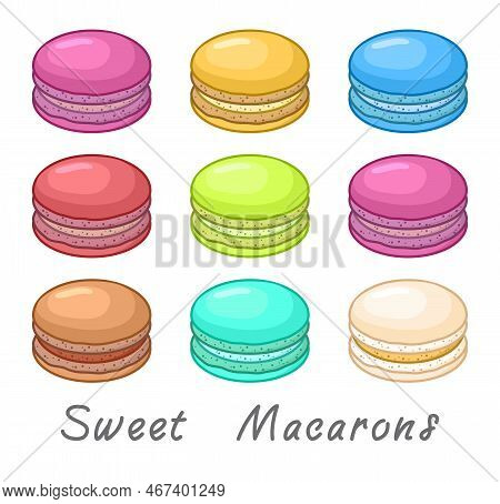 Vector Collection Of Colorful French Macaron Or Macaroon Icons Isolated On White Background. Set Of 