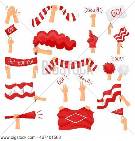Hands Of Fan With Sport Attributes Like Flags And Scarf Big Vector Set
