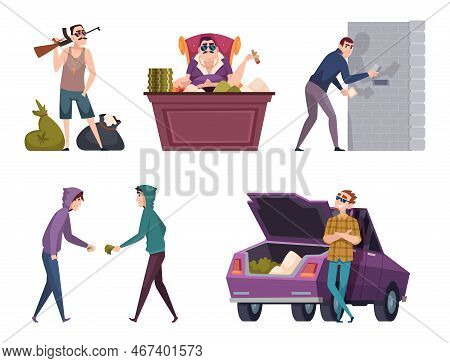 Drug Sales. Marijuana Selling Drugs Dillers Making Business Medicine Pills Exact Vector Cartoon Char