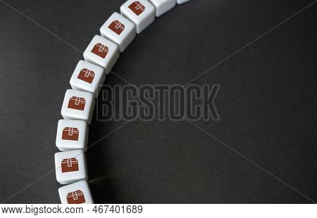 Chain Of Boxes Of Goods. Conveyor Belt Concept. Mass Production. Delivery Of Parcels And Orders. Tra