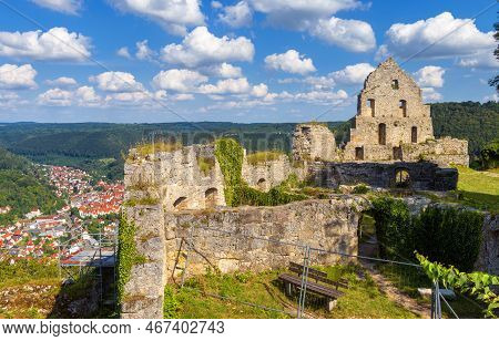 Hohenurach Castle On Mountain Top, Bad Urach, Germany. Scenery Of Old Stone House Ruins Overgrown By