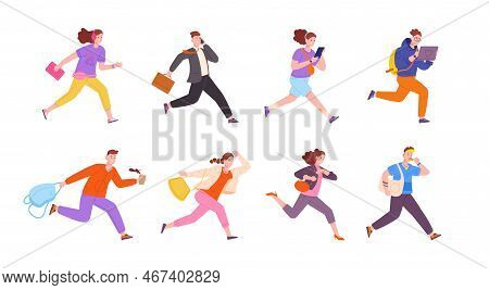 Employee Late For Work. Concerned Employee Hurry In Office, Workers Run Looks Watch Rush Meeting, Gu