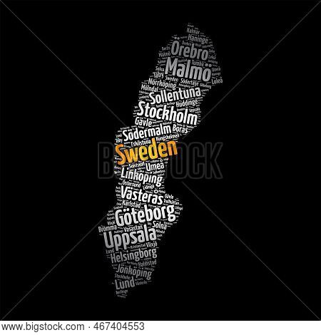 List Of Cities And Towns In Sweden, Map Word Cloud Collage, Business And Travel Concept Background
