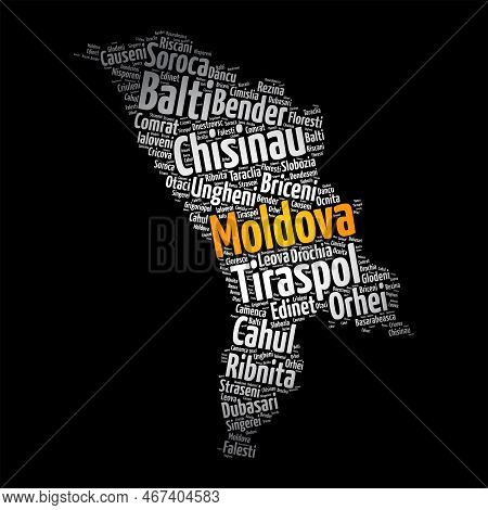 List Of Cities And Towns In Moldova, Map Word Cloud Collage, Business And Travel Concept Background