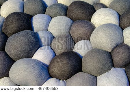 Different Sizes, Quantities Of Stuffed Balls Of Fabric With Sintepon. Soft Decorative Material