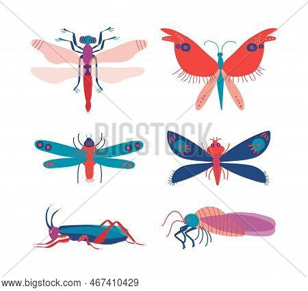 Insects As Hexapod Flying Creature With Jointed Legs And Pair Of Antennae Vector Set