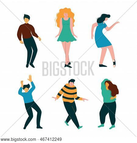 Positive Young Man And Woman Dancing Moving Hands And Legs To Music Rythm Vector Set