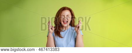 Woman Wants Win Badly. Enthusiastic Lucky Redhead Middle-aged 50s Female Pleading Implore God Make D