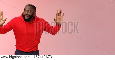 Happy Charming Outgoing African American Male Model Raise Hands Joking Standing Surrender Smiling Gi