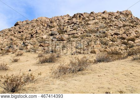 Rocks And Creosote Shrubs On An Arid Butte Taken At The Mojave Desert In Saddleback Butte State Park