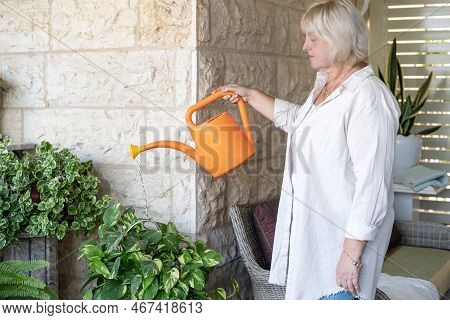 Beautiful Happy Middle Aged Woman Caring For The Little Local Garden. Portrait Of Smiling Senior Wom