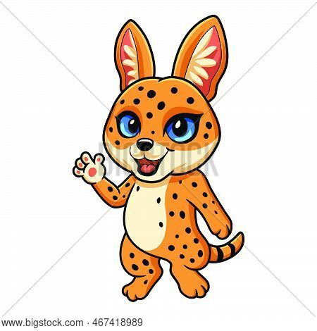 Vector Illustration Of Cute Serval Cat Cartoon Waving Hand