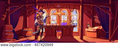 Peg-legged Pirate With Parrot Standing In Ship Cabin. Vector Illustration Of Cartoon One-eyed Corsai