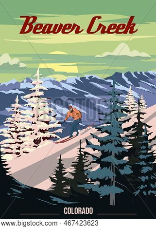Beaver Creek Ski Travel Resort Poster Vintage. Colorado Usa Winter Landscape Travel Card