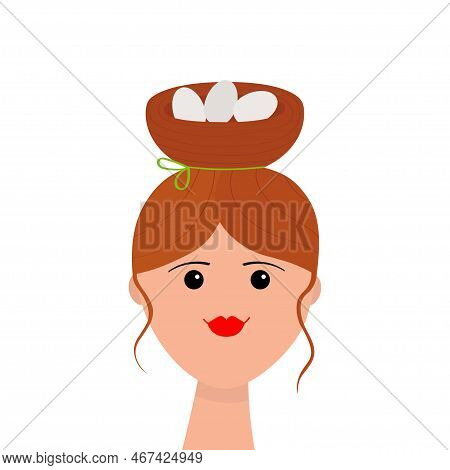 Portrait Of Woman. Stylish Bun Hairstyle. Bird Nest With Eggs. Red Hair. Young Girl Face. Beautiful 