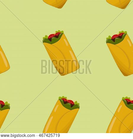 Seamless Pattern With Burritos - Latin American Food On Green Background.