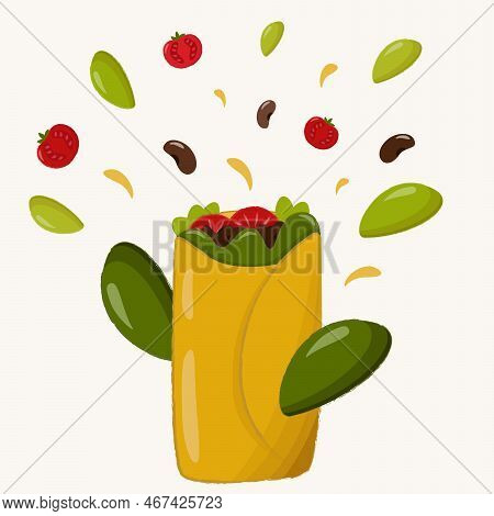 Burrito With Meat, Beans And Vegetabels On Light Background - Latin American Food.