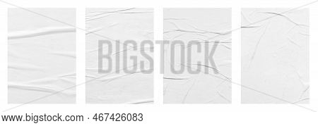Blank White Crumpled And Creased Paper Poster Texture Set Isolated On White Background