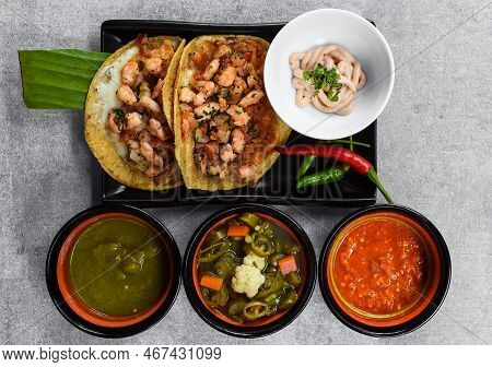 La Viga Tacos With Shrimps And Mexican Sauces