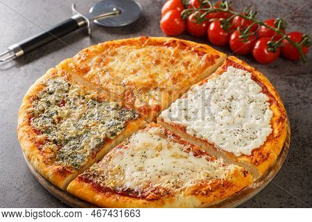 Quattro Formaggio Four Cheese Pizza Closeup On The Wooden Board On The Table. Horizontal