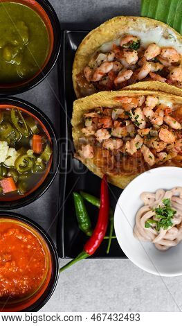 La Viga Tacos With Shrimps And Mexican Sauces