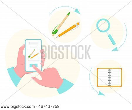 Vector Illustration Person Makes Order And Purchases Of Stationery For School By Cell Phone. Select 