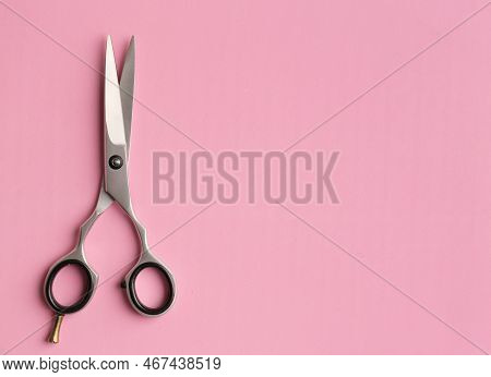 Metal Scissors  With Place For Text. Professional Salon Haircut, Hair Care. A Quality Tool. Hairdres