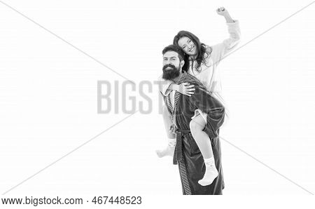 Hurrah. Happy Girl Ride Piggy-back On Guy. Happy Family Enjoy Fun. Playful Couple. Family In Morning