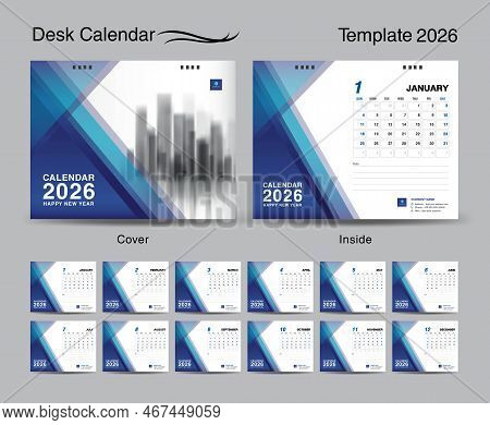 Desk Calendar 2026 Template Set And Blue Polygon Cover Design, Set Of 12 Months, Creative Calendar 2