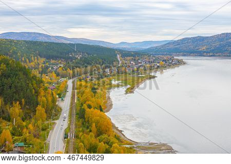 View Of The Village Sliznevo And Yenisei River From The View Point 'tsar-fish' At Autumn Day In Kras