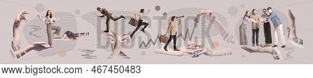 Contemporary Art Collage. People, Employees Working On News Profitable Project, Launching Startups, 