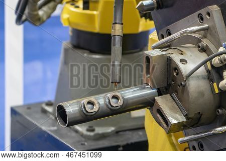 The Automatic Welding Robot Working With Automotive Parts Assembly Processing. The Industrial 4.0 Au