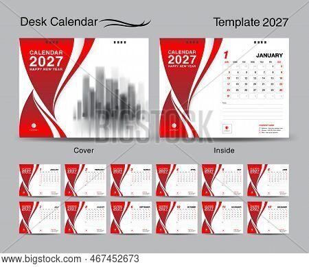 Desk Calendar 2027 Template Set And Red Wave Cover Design, Set Of 12 Months, Creative Calendar 2027 