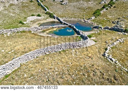 Lokva Diviska Stone Desert Oasis And Stone Drywalls On Moon Plateau Above Baska, Island Of Krk, Croa