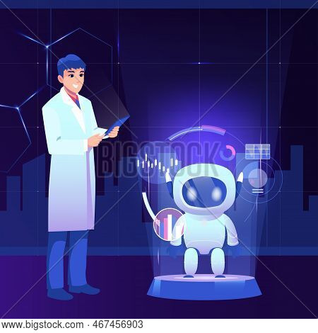 Man Scientist With Cute Robot Vector Concept Illustration