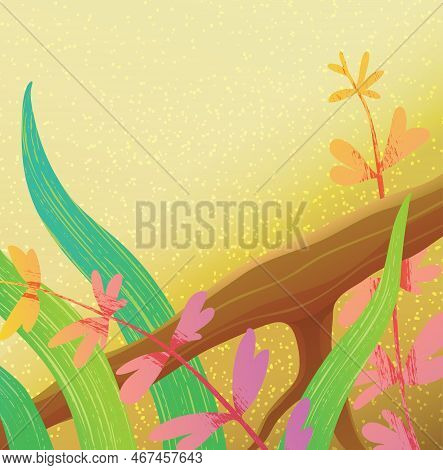 Sandy Beach With Plants And Driftwood Branch. Empty Summer Nature Background, Backdrop For Vacations
