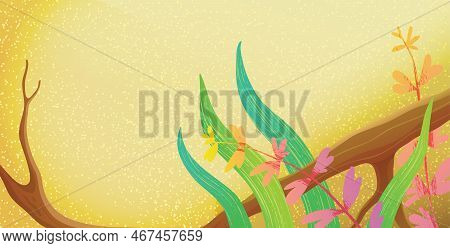 Sandy Beach With Plants And Branch. Empty Summer Nature Background, Driftwood Branches And Flowers. 