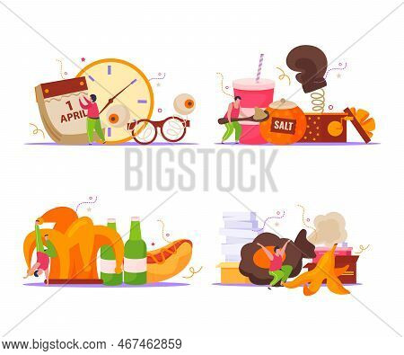 All Fools Day Flat Set Of Isolated Compositions With Icons Of Various Pranks And Human Characters Ve