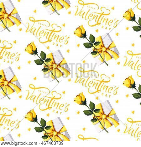 Seamless Pattern With Yelllow Roses, Leafs, Gift Box, Hearts. Happy Valentine's Day, Romance, Love C