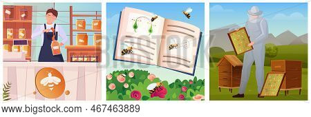 Beekeeping Three Flat Color Square Illustrations With Flying Bees Beekeeper And Seller At Counter Wi