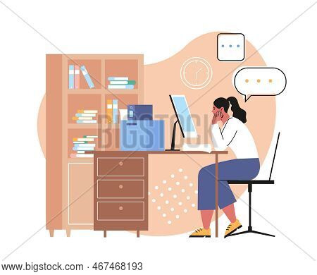 Busy Stressed Person. Overworked Woman With Headache And Emotional Burnout From Work. Tired Employee