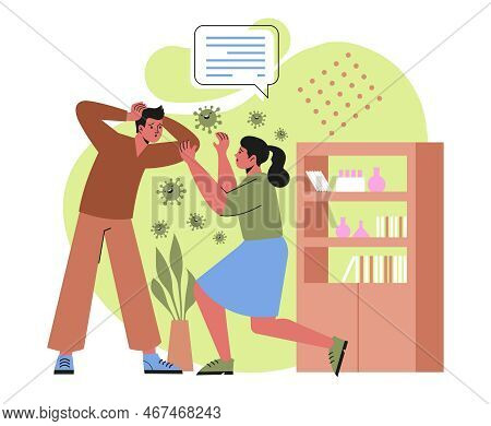 People With Phobia And Fear. Young, Frightened Man Afraid Of Viruses, Bacteria And Germs Around. Cha
